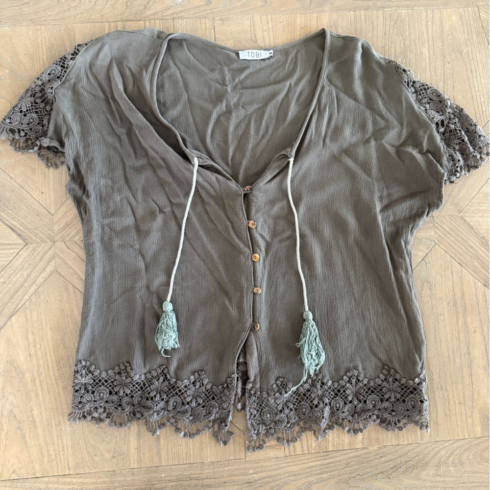 Tobi Olive Green Button Closure Top